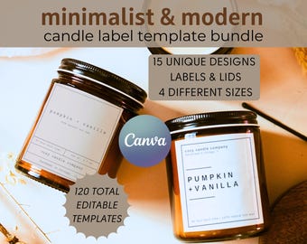 May include: Two amber glass candle jars with white labels. The labels have minimalist text that reads "cozy candle company" and "pumpkin + vanilla". The image includes the text "120 total editable templates" and "Canva".
