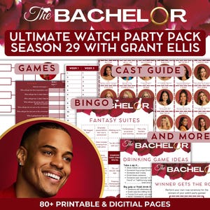 May include: A printable party pack for The Bachelor season 29 featuring Grant Ellis. The pack includes games, a cast guide, bingo cards, fantasy suites, drinking game ideas, and more. The cover features a photo of Grant Ellis and the text "The Bachelor Ultimate Watch Party Pack Season 29 with Grant Ellis".