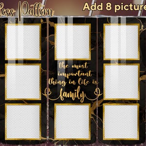 May include: Black tumbler with gold accents and eight photo display areas. The tumbler features a marble design and the text "the most important thing in life is family" in gold script. The top of the tumbler has silver accents.