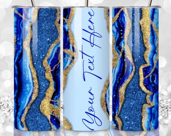 Blue Glitter Agate Tumbler Wrap: Add Your Name, 20oz Skinny Sublimation (PNG Digital Download)