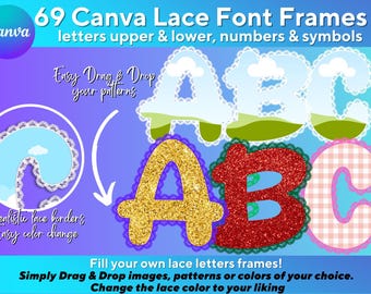 Lace Font Frames for Canva • 70 Editable Letters, Numbers, Symbols (Digital Download)