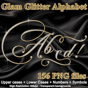 以下が含まれることがあります： 黒いサテンの背景に、ダイヤモンドのアクセントが付いた、"A, b, c, d, !"を含む金のグリッターアルファベット文字。画像には「Glam Glitter Alphabet」と「156 PNGファイル」というテキストが含まれています。テキストには「大文字+小文字+数字+記号」も含まれています。