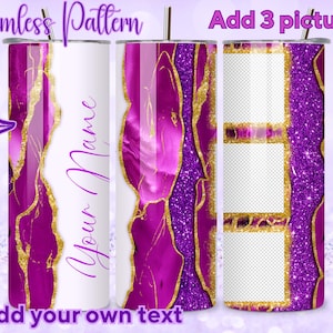 Puede incluir: Un conjunto de tres vasos personalizados con un diseño de patrón sin costuras. Los vasos presentan un vibrante diseño inspirado en el ágata púrpura y dorada, con espacio para agregar imágenes y texto. El texto "Seamless Pattern" y "Add 3 pictures" son visibles.