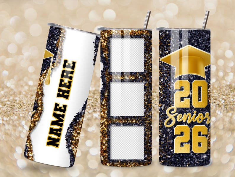 May include: Three graduation-themed tumblers. One features "NAME HERE" in gold lettering, another has three photo frames, and the last displays "20 Senior 26" with a graduation cap. All have glittery gold and navy blue accents.