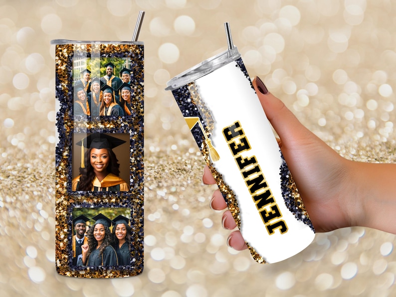May include: A personalized graduation tumbler with a photo collage and the name "Jennifer" in black and gold. The tumbler has a glittery gold and navy blue design, a silver straw, and images of graduates.