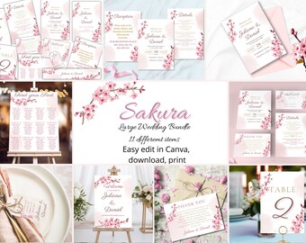 Kirschblüten-Hochzeitseinladungs-Set: Bearbeitbare Canva-Vorlage (PDF)