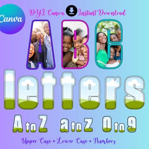 Puede incluir: Un diseño gráfico digital con las letras "ABC" con fotos dentro, y la palabra "letters" debajo. El diseño incluye "A a Z" en mayúsculas y minúsculas, y los números "0 a 9". El logotipo de Canva está en la esquina superior izquierda.