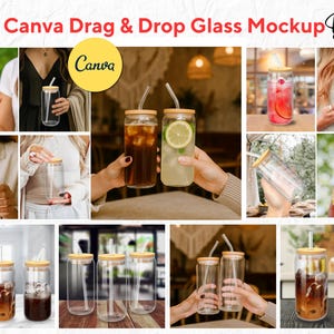 May include: A collection of glass mockup designs with bamboo lids and straws. The image features various drinks, including iced coffee and cocktails, in clear glass tumblers. The text "30 Canva Drag & Drop Glass Mockup Bundle" is displayed at the top.