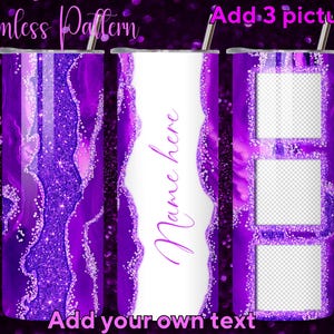 May include: A set of three purple and white insulated tumblers with a glittery, agate-inspired design. One tumbler has space for three photos, another has the text "Name here", and all have text that says "Add your own text" and "Add 3 pictures".