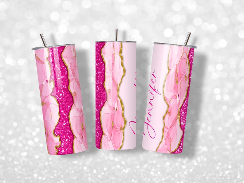 Pink Glitter Agate Tumbler Wrap: 20oz Skinny Tumbler Sublimation Design (PNG Digital Download) image 3