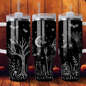 Envoltura para vaso de Halloween de 40 oz (SVG) / Bruja, calabazas y flores silvestres / Archivo de grabado láser