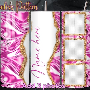May include: A sublimation tumbler with a seamless pink and white abstract pattern. The tumbler has a white section with the words "Name here" and three photo frames. The words "Add 3 photos" are also visible.