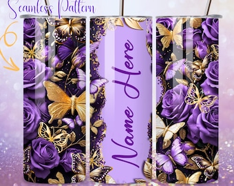 Butterfly Tumbler Wrap PNG: Blue & Purple Glitter, Add Name (Digital Download)