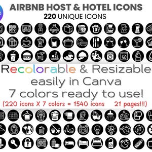Könnte beinhalten: Ein Satz von 220 Schwarzweiß-Icons für Airbnb-Gastgeber und Hotels. Die Icons sind in Canva umfärbbar und in der Größe veränderbar. Die Icons sind in 21 Seiten organisiert und beinhalten 7 Farben. Der Text auf dem Bild lautet: "Airbnb Host & Hotel Icons", "220 Unique Icons", "Recolorable & Resizable easily in Canva", "7 colors ready to use!", "(220 icons X 7 colors = 1540 icons 21 pages!!!)"