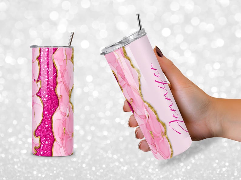 Pink Glitter Agate Tumbler Wrap: 20oz Skinny Tumbler Sublimation Design (PNG Digital Download) image 5