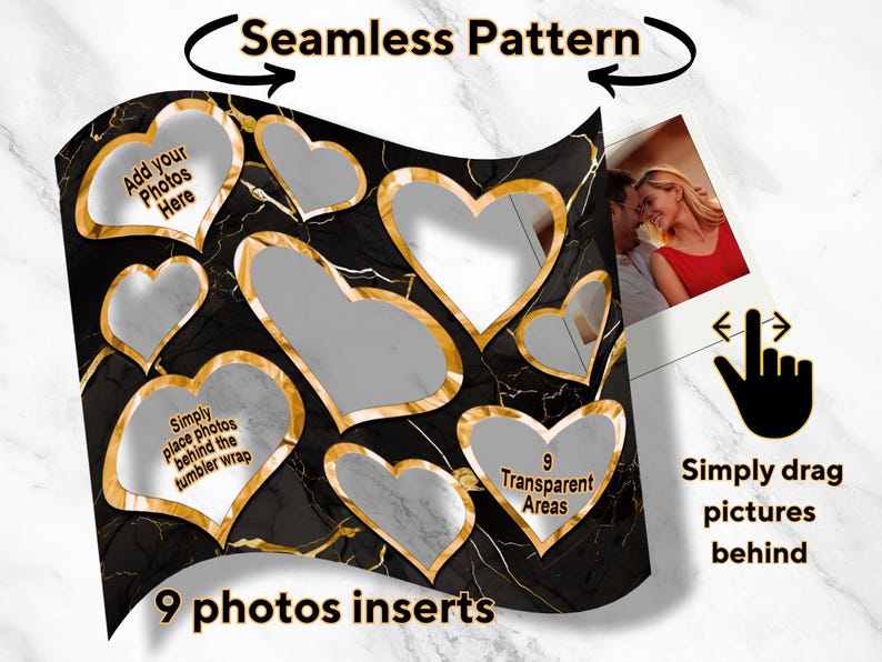 Heart Photo Insert Black & Gold Agate Tumbler Wrap: 9 Hearts Photo Inserts (PNG Digital ...