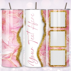 タンブラーラップに写真とテキストを追加できます。ローズゴールドの昇華タンブラーに3枚の写真が入ります。PNGを直接ダウンロードできます。ストレート＆テーパード