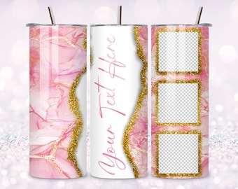 Add your own photo and text tumbler wrap . Rose gold tumbler sublimation with 3 photo inserts. PNG direct download. Straight & Tapered