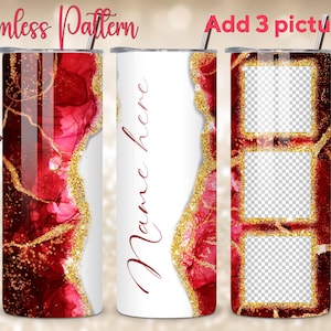 以下が含まれることがあります： シームレスパターンデザインのステンレススチールタンブラー3個セット。タンブラーは、赤と金の抽象的なデザイン、"Name here"というテキストが入った白い部分、3つのフォトフレームが付いた部分が特徴です。「Seamless Pattern」と「Add 3 pictures」の文字も表示されています。