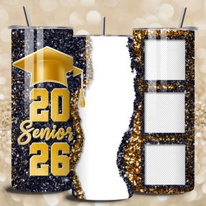 May include: A set of three tumblers with a glittery navy blue and gold design. One tumbler features a gold graduation cap and the text "20 Senior 26". The other has three photo frames.