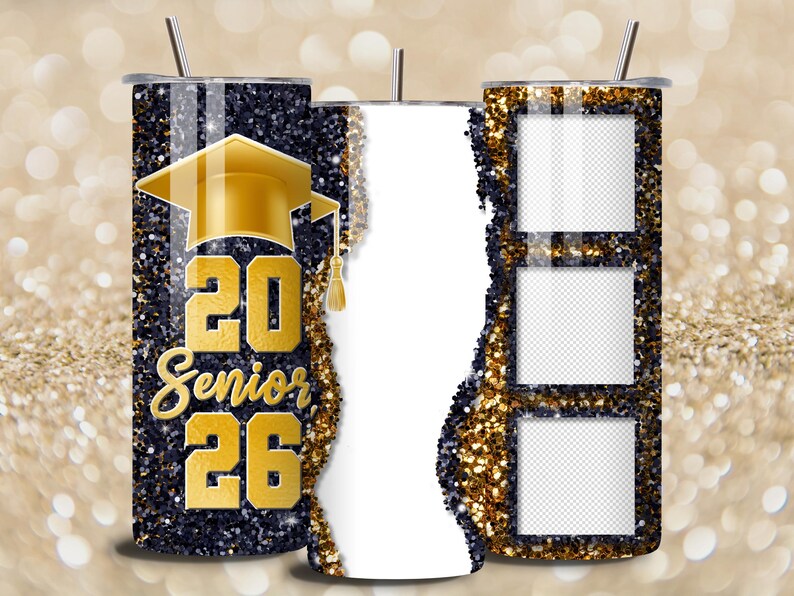 May include: A set of three tumblers with a glittery navy blue and gold design. One tumbler features a gold graduation cap and the text "20 Senior 26". The other has three photo frames.