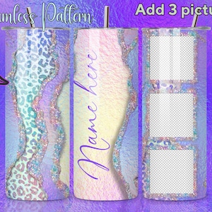 May include: Three stainless steel tumblers with a seamless pattern design. The first tumbler has a leopard print, the second has the text "Name here", and the third has three photo placeholders. The tumblers are decorated with a purple, blue, and pink color scheme.