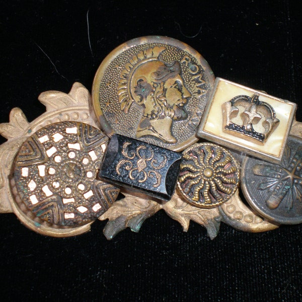 Antique Button Collage Upcycled Brooch Pin One of a Kind Artisan Original