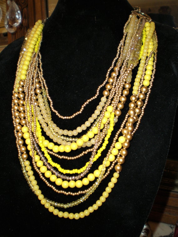 Gorgeous 12 Strand Vintage Beaded Necklace Yellow 