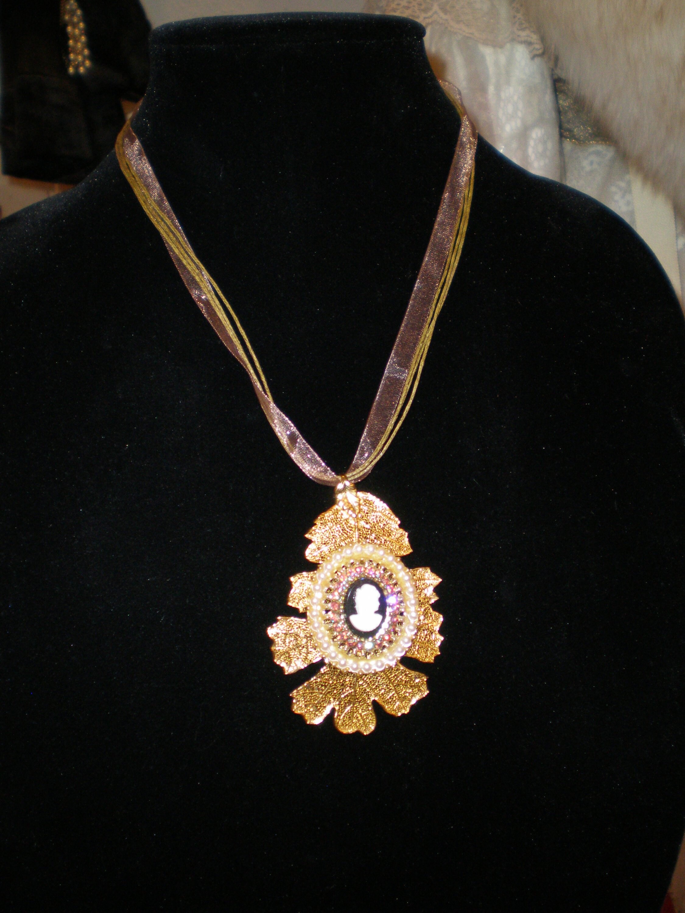 Vintage Cameo Pendant AB Rhinestones and Pearls on Gold Leaf