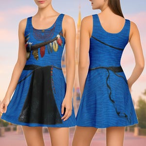May include: A sleeveless blue dress featuring a tribal-inspired design. The dress has a scoop neckline and a flared skirt. The bodice is adorned with a branch motif, feathers, and a beaded necklace. A black belt cinches the waist, and the dress has a textured pattern.