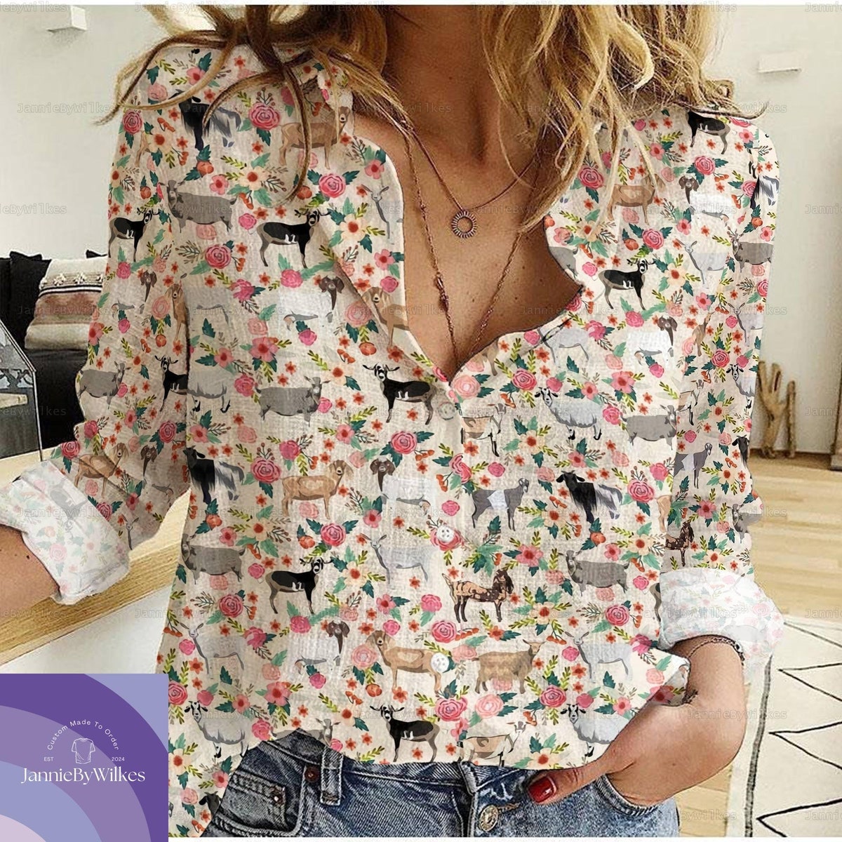 Goat Linen Shirt, Goat Casual Shirt, Farm Animal Shirt, Cute Goat Shirt, Long Sleeve Shirt, Blouses Tops Women, Goat Women Shirt