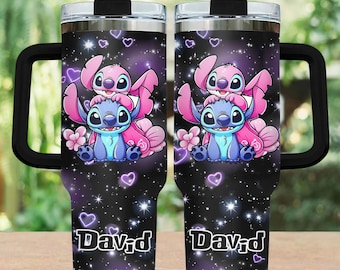 Custom Stitch And Angel 40oz Tumbler, Disney Couples Tumbler, Cute Alien Travel Cup, Stitch Gift For Her, Lilo And Stitch Fan Drinkware