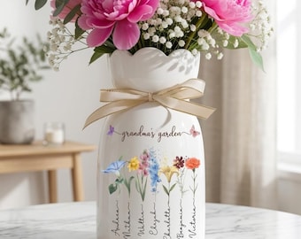 Grandma's Garden Flower Vase, Personalized Ceramic Vase, Gift For Grandma, Custom Family Gift, Home Decor, Mother's Day Gift