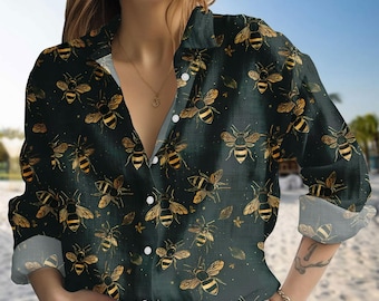 Bee Blouse Shirt, Cute Button Up Top with Bee Print, Casual Outfit, Cottagecore Aesthetic Clothing, Summer Workwear, Blouse Shirt