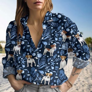 Jack Russell Terrier Blouse Shirt, Jack Russell Casual Shirt, Dog Lover Blouse Shirt, Blouse Women Shirt, Long Sleeve Shirt, Gift For Her