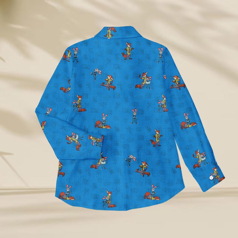 Zootopia Blouse Shirt, Disney Character Linen-look Shirt, Fox And Bunny Button Down Blouse, Cartoon Vacation Shirt, Birthday Gift