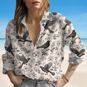 Starling Bird Blouse Shirt, Nature Lover Blouse Shirt, Bird Lover Linen-look Shirt, Floral Blouse Shirt, Starling Bird Blouse Shirt