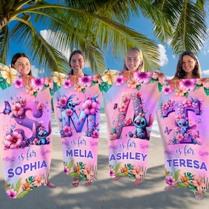 Toalla de playa con nombre y alfabeto Ohana azul, toalla con letras bordadas personalizadas, regalo personalizado de Lilo y Stitch, toalla de piscina Disney, toalla de vacaciones
