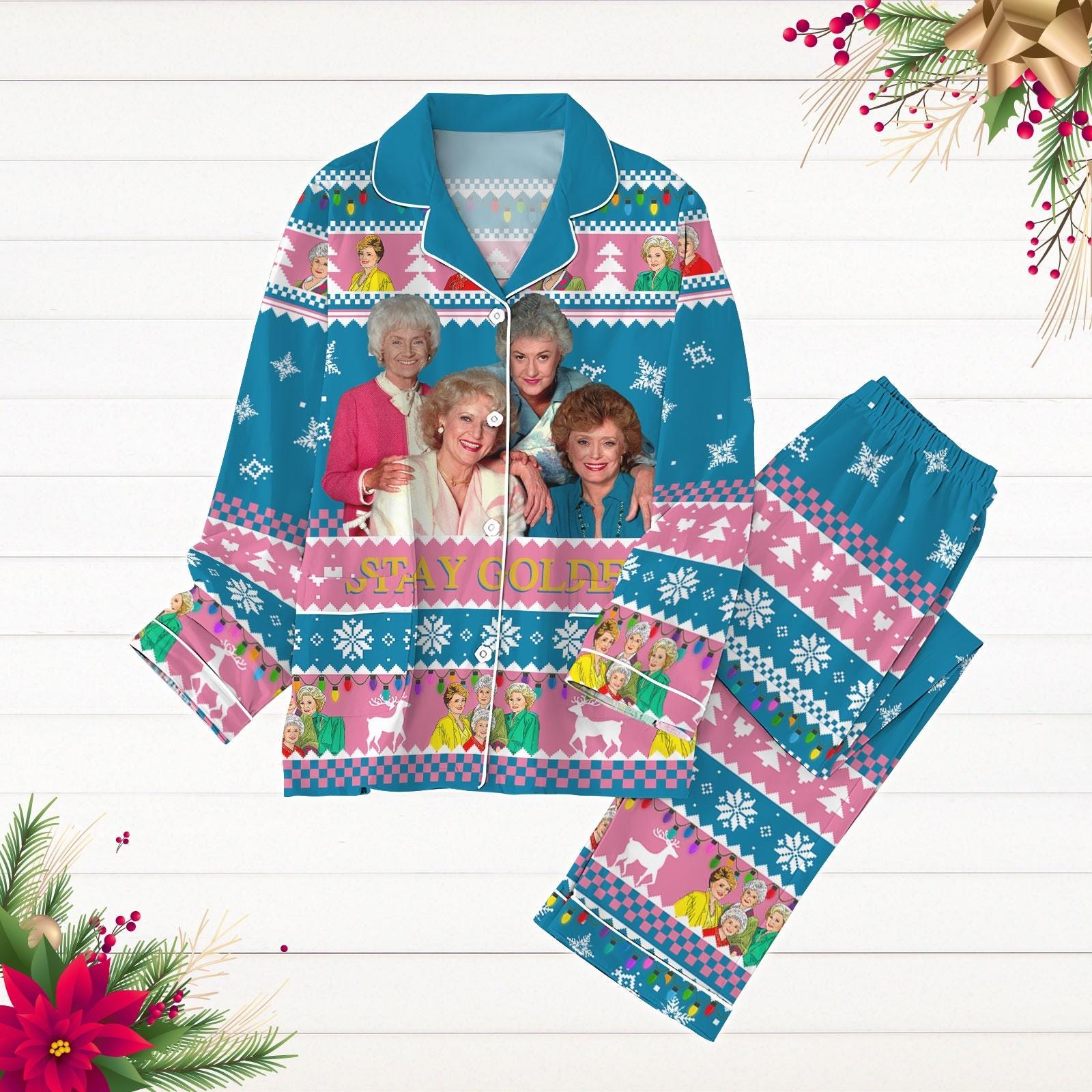 Discover Stay Golden Christmas Pajamas Set, 80s TV Sitcom Holiday Pajamas, The Stay Golden Pajamas Pants, Christmas Party Pjs, Movie Pj Set