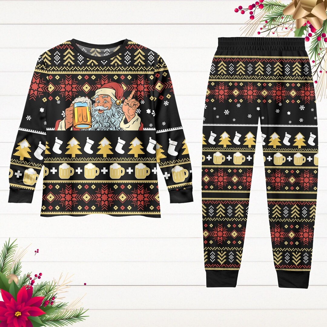 Santa Beer Long Sleeve Pajamas Set, Christmas Beer Shirt, Christmas ...