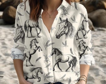 Horse Blouse Shirt, Horse Hawaiian Shirt, Horse Lover Gifts for Equestrians, Horse Wheat Casual Shirt, Horse Merch for Fans, Summer Shir