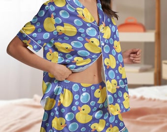 Duck Lover Short Satin Pajamas, Cute Duck Pajamas Set, Rubber Duck Silk Pajamas, Mallard Duck Bride Pajamas, Donald Duck Pajamas Women
