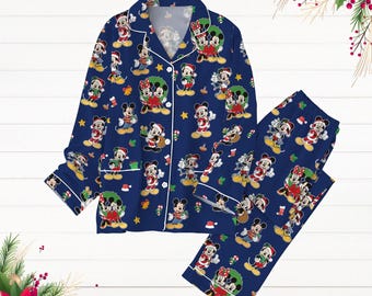 Pijama navideño de Mickey Mouse, conjunto de pijama con gorro de Papá Noel de Disney Mouse, camisa de Magic Kingdom, pijama de manga larga, pijama navideño de Disney