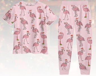 Flamingo T-Shirt und Hose, rosa Flamingo Weihnachten Pyjama Set, Urlaub Nachtwäsche, Flamingo Tshirt Hosen Pyjamas, Weihnachtsgeschenk