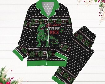 Conjunto de pijama de árbol de Navidad Rex, pijama de dinosaurio para fiestas, pijama de dinosaurio para fiesta, conjunto de pijama de Navidad T-Rex, pantalones de pijama de animales divertidos