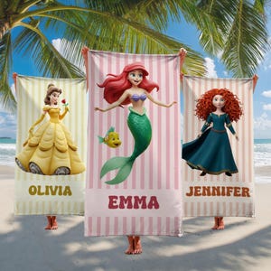 Custom Magical Princess Beach Towel, Personalized Disney Character Towel for Girls, Disney Princess Summer Pool Gift, Name Beach Towel
