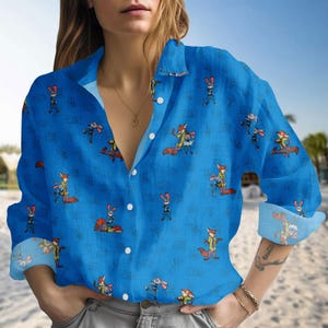 Zootopia Blouse Shirt, Disney Character Linen-look Shirt, Fox And Bunny Button Down Blouse, Cartoon Vacation Shirt, Birthday Gift