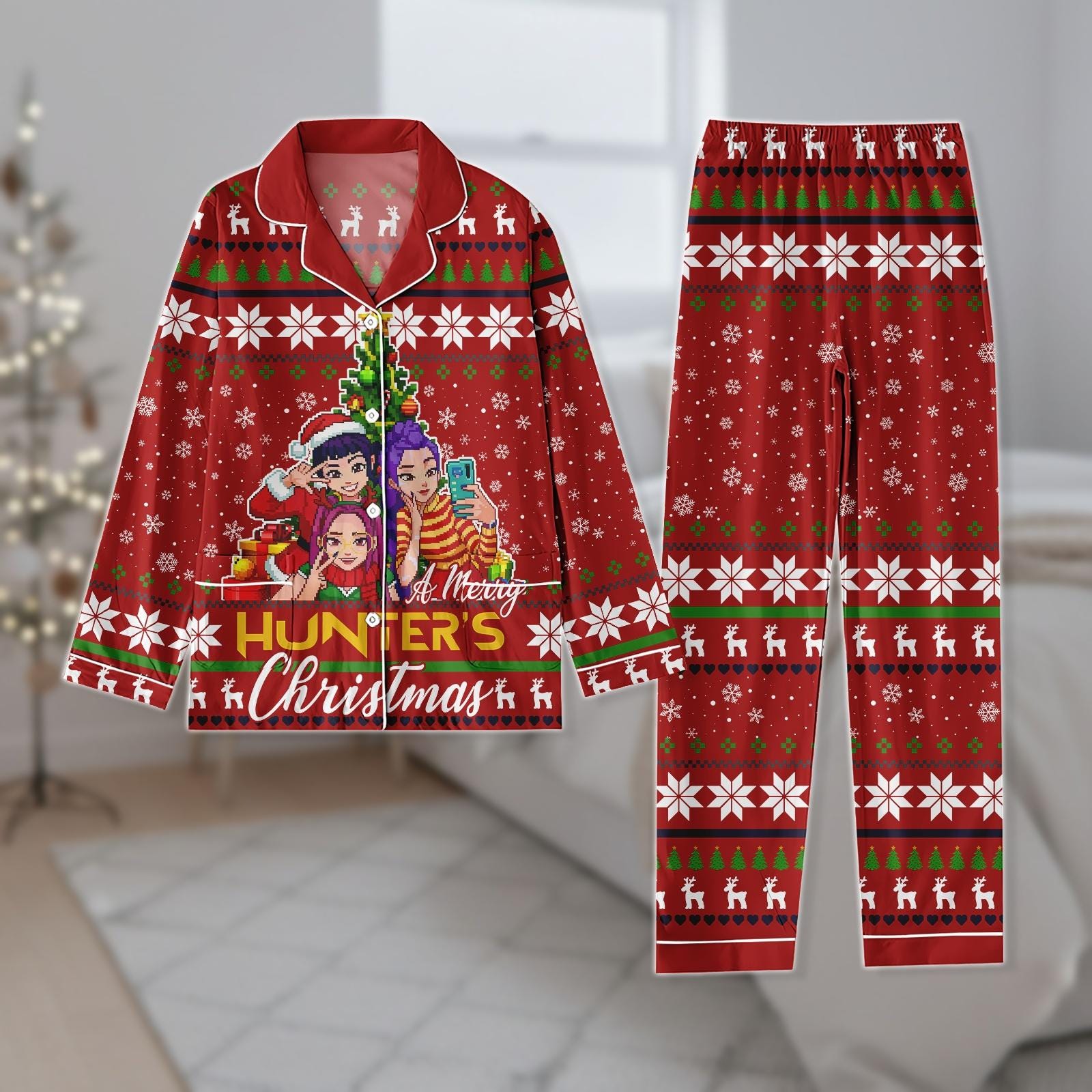 Discover Music Girl Group Christmas Pajamas, Kpop Movie Pajama Set, Hunter Christmas Pajamas Set, Holiday Gift