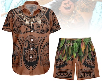 Maglietta con bottoni e pantaloncini Maui, costume da uomo di Moana Maui, set di Halloween con tatuaggio polinesiano, maglietta e pantaloncini coordinati con personaggi Disney
