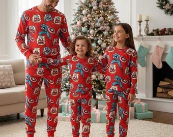 Pijamas familiares navideñas de los Vengadores, conjunto de pijama de superhéroes, conjunto de pijama a juego de manga larga, regalo de Navidad